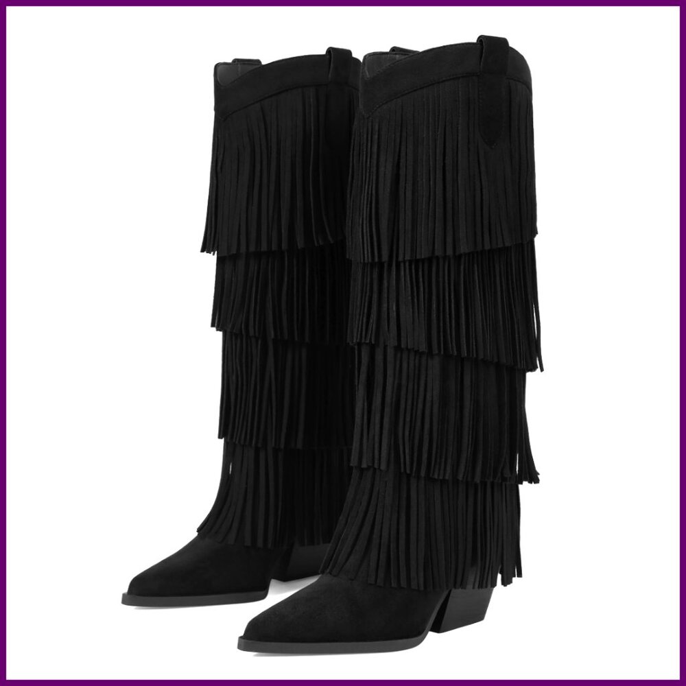 Black Multi-Layer Fringe Knee-High Heeled Boots - Women
